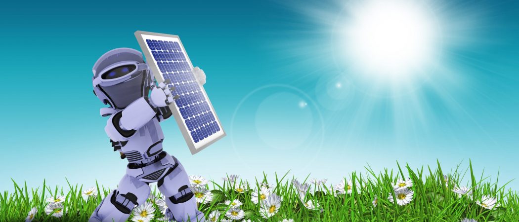 3D render of daisies in grass with a robot holding a solar panel towards the sunny sky